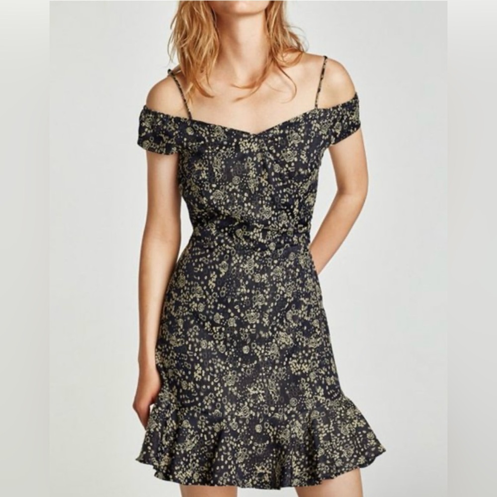 ZARA Vintage Black Floral Off Shoulder Dress Size small
